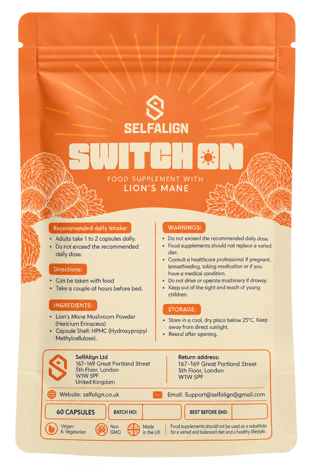 SWITCH ON Lion's Mane Capsules 500 mg | 60 Vegan Capsules • 30–60-Day Supply • 100% Lion's Mane Powder • No Fillers or Additives