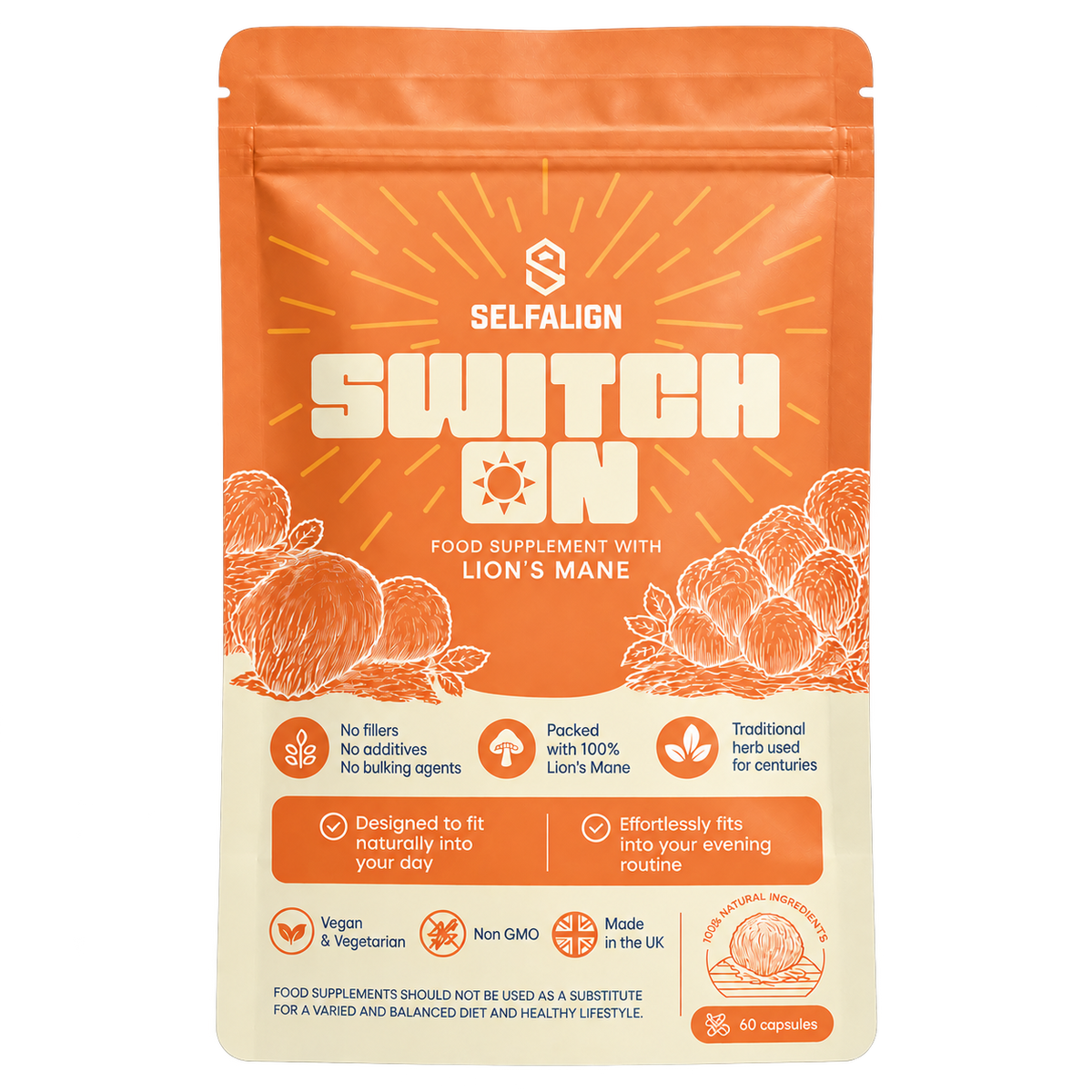 SWITCH ON Lion's Mane Capsules 500 mg | 60 Vegan Capsules • 30–60-Day Supply • 100% Lion's Mane Powder • No Fillers or Additives