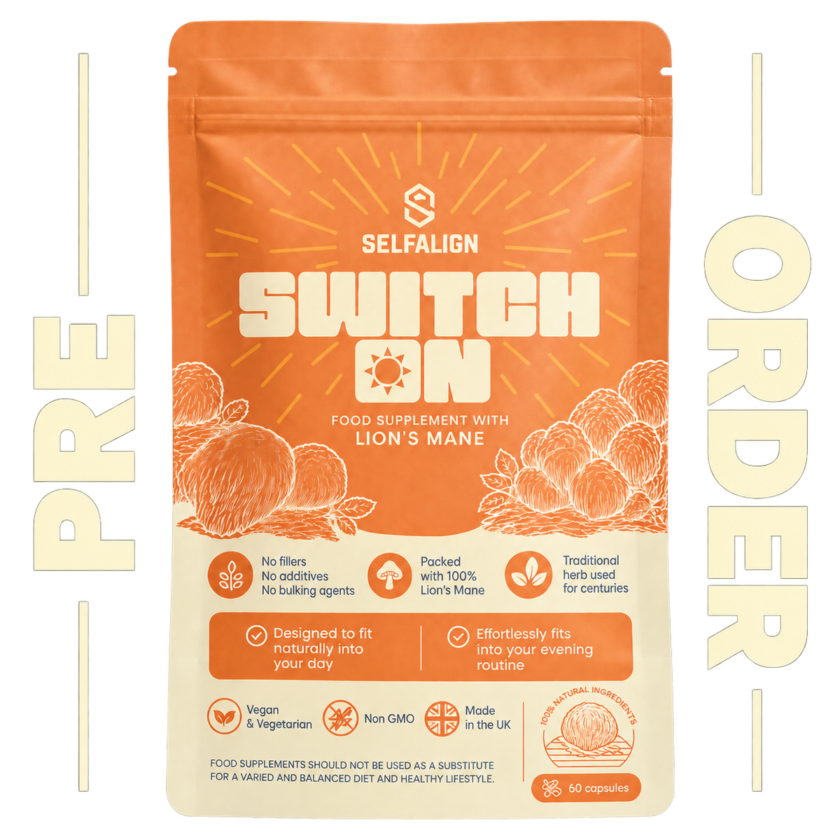 SWITCH ON Lion's Mane Capsules 500 mg | 60 Vegan Capsules • 30–60-Day Supply • 100% Lion's Mane Powder • No Fillers or Additives